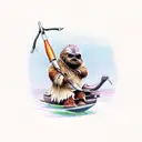 an ewok carrying a harpoon while riding a a small ostrich tattoo design idea