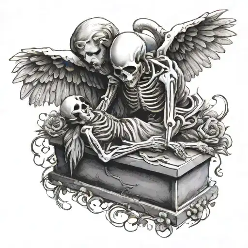 skeleton hugging a grave stone angel laying tattoo design idea