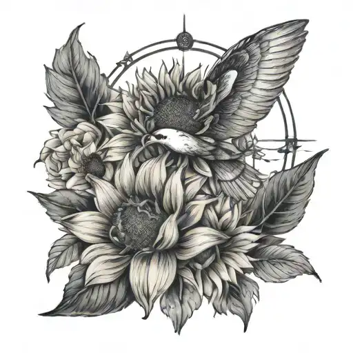 A creative minimalist tattoo design incorporating a girasol, an anchor, an airplane, and the outline of Peru, representing the client's interests in sunflowers, travel, and their Peruvian roots. tattoo design idea
