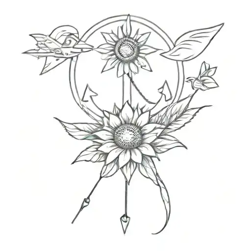 A minimalist tattoo design combining elements of a girasol, an anchor, an airplane, and a small Peruvian flag, representing the client's love for sunflowers, travel, and their Peruvian heritage. tattoo design idea