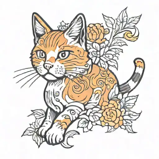 small orange cat  black white small   fine line tattoo design idea