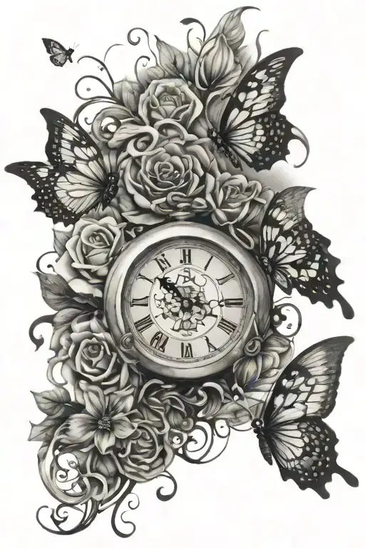 clock and butterflies female tattoo tattoo design idea