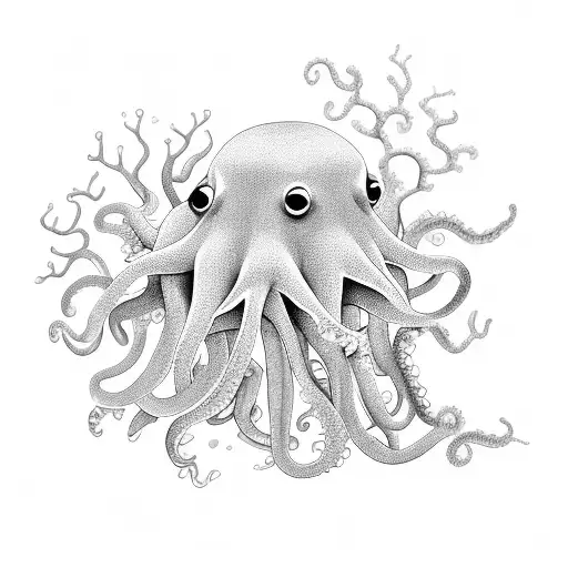 Ray, jellyfish, octopus and coral little fish swiming around coral reef tattoo design idea