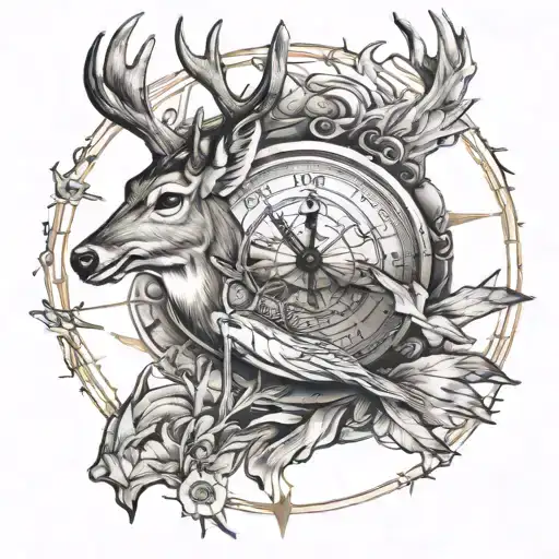 fishing-hunting-deer-compass-clock tattoo design idea