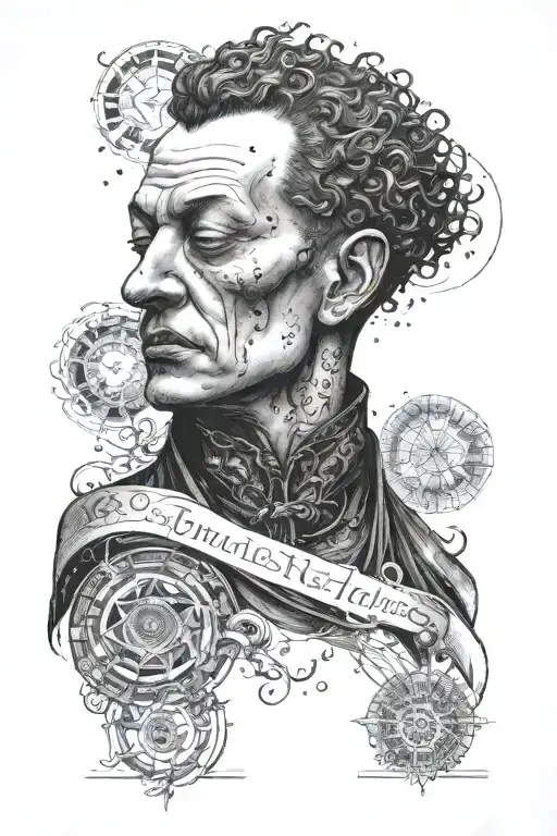 A tattoo design of Morpheus from Sandman embodying the principles of stoicism, with a quote from Nietzsche incorporated into the design tattoo design idea