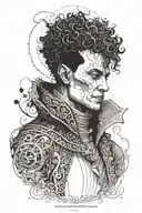 A tattoo design of Morpheus from Sandman embodying the principles of stoicism, with a quote from Nietzsche incorporated into the design tattoo design idea
