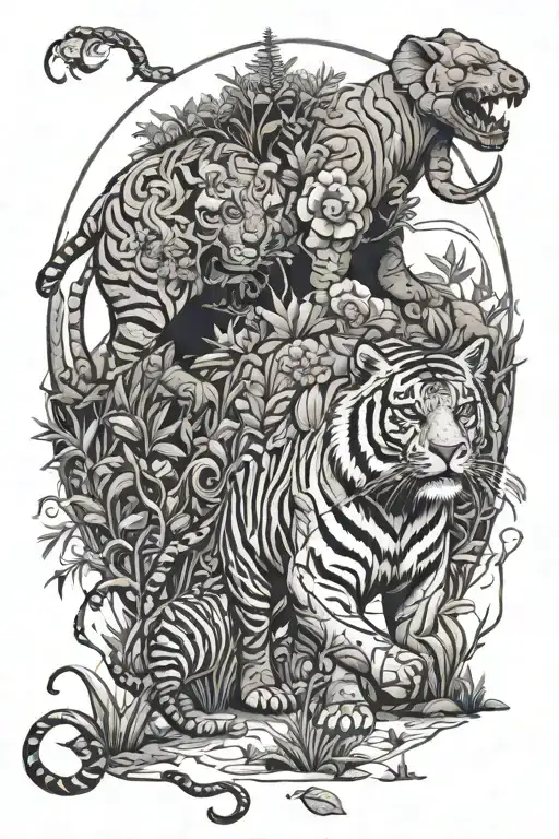 garden with tiger and elephant walking tattoo design idea