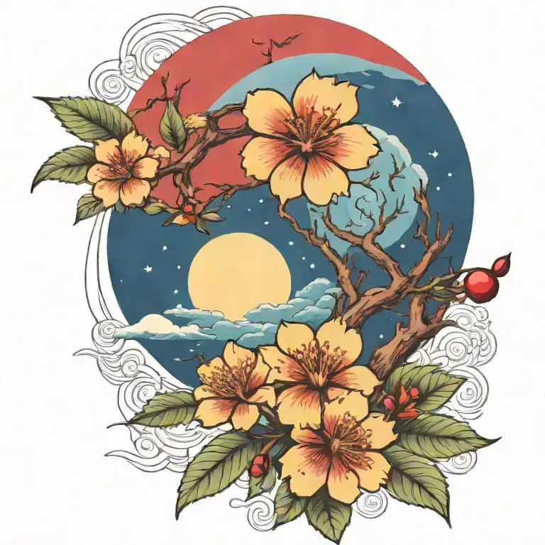 cherry branch and tree of life sun and moon flowers red ancient Egypt  tattoo design idea