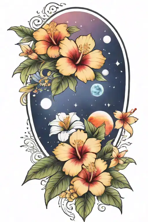 hibiscus and plumerias and planets stars and nebulas and ancient egypt tattoo design idea
