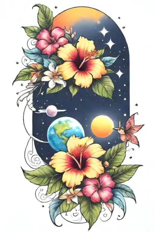 hibiscus and plumerias and planets stars and nebulas and ancient egypt tattoo design idea