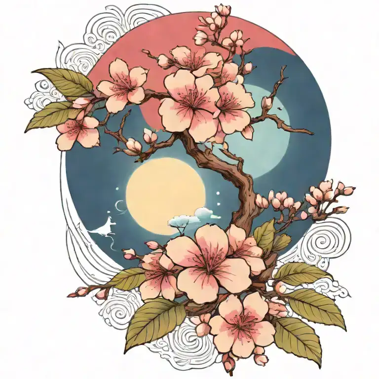 cherry blossom branch and tree of life sun and moon flowers red ancient Egypt  tattoo design idea