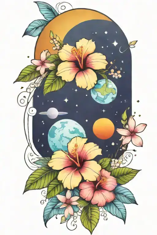 hibiscus and plumerias and planets stars and nebulas and ancient egypt tattoo design idea