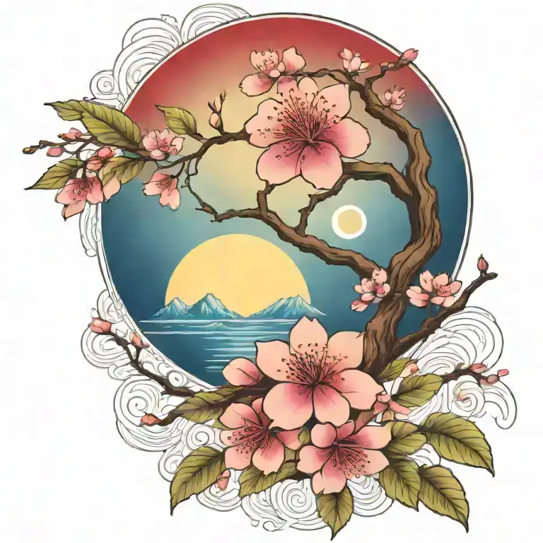 cherry blossom branch and tree of life sun and moon flowers red ancient Egypt  tattoo design idea