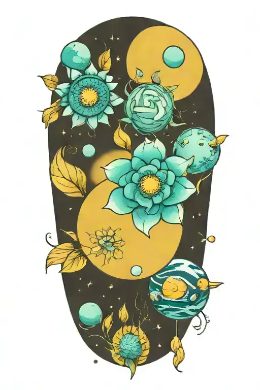 A floral a stylized solar system planets tattoo design idea