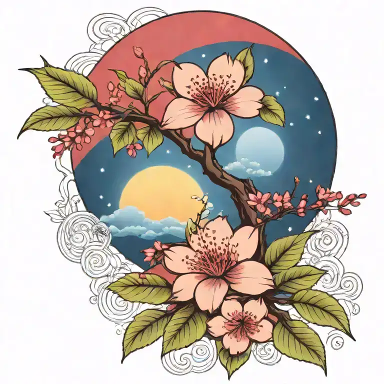cherry blossom branch and tree of life sun and moon flowers red ancient Egypt  tattoo design idea