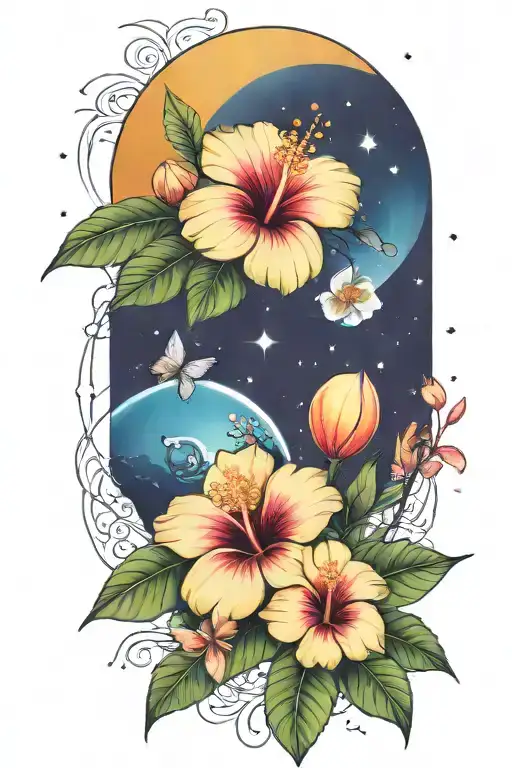 hibiscus and plumerias and planets stars and nebulas and ancient egypt tattoo design idea