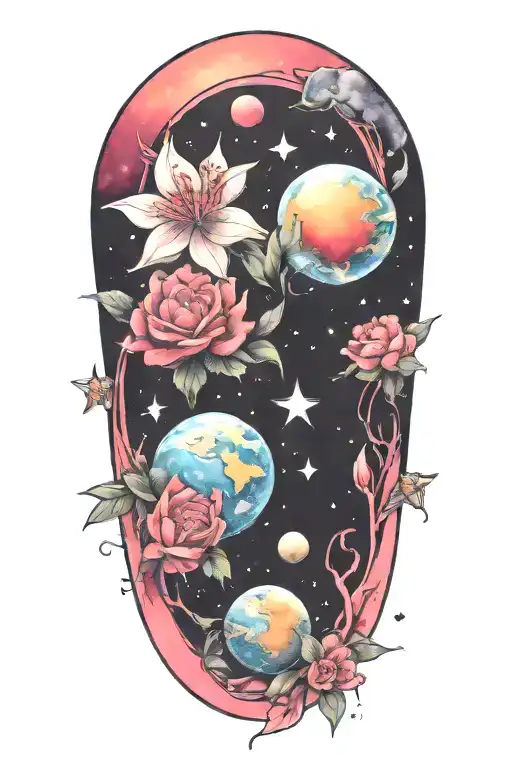 azaleas and planets stars and nebulas tattoo design idea