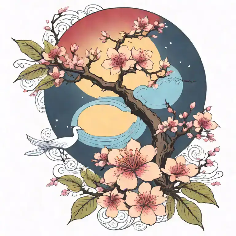 cherry blossom branch and tree of life sun and moon flowers red ancient Egypt  tattoo design idea