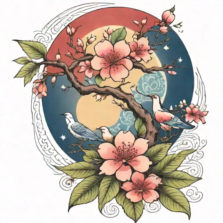 cherry blossom branch and tree of life sun and moon flowers red ancient Egypt  tattoo design idea