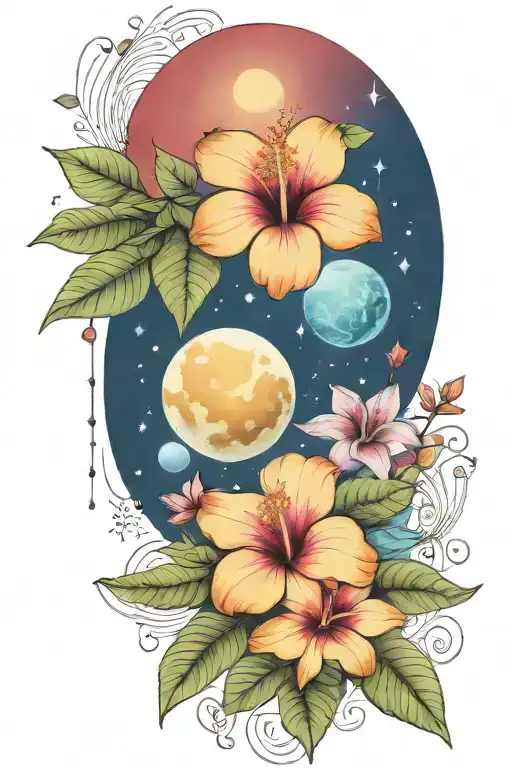 hibiscus and plumerias and planets stars and nebulas and ancient egypt tattoo design idea
