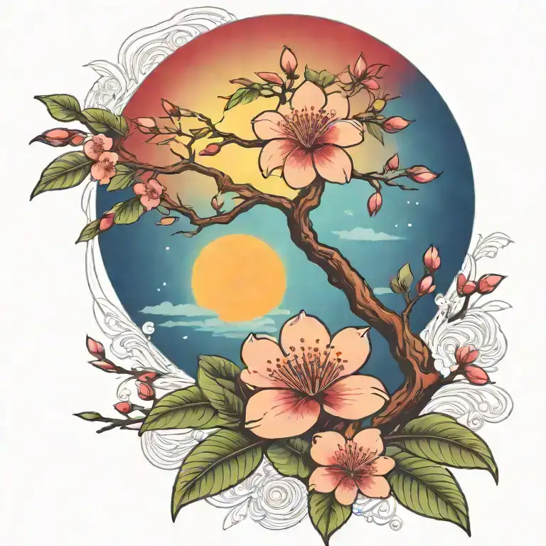 cherry blossom branch and tree of life sun and moon flowers red ancient Egypt  tattoo design idea