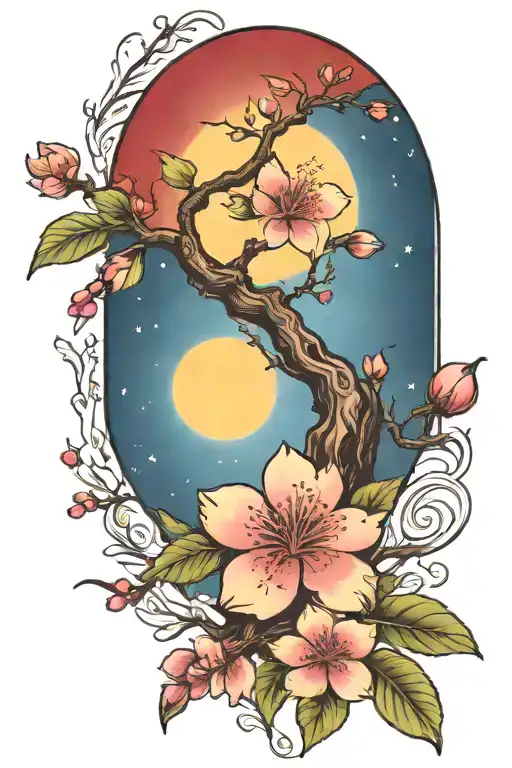 cherry blossom branch and tree of life sun and moon flowers red  tattoo design idea