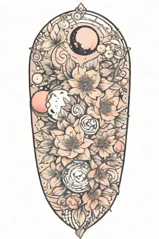 azaleas and planets stars and nebulas tattoo design idea