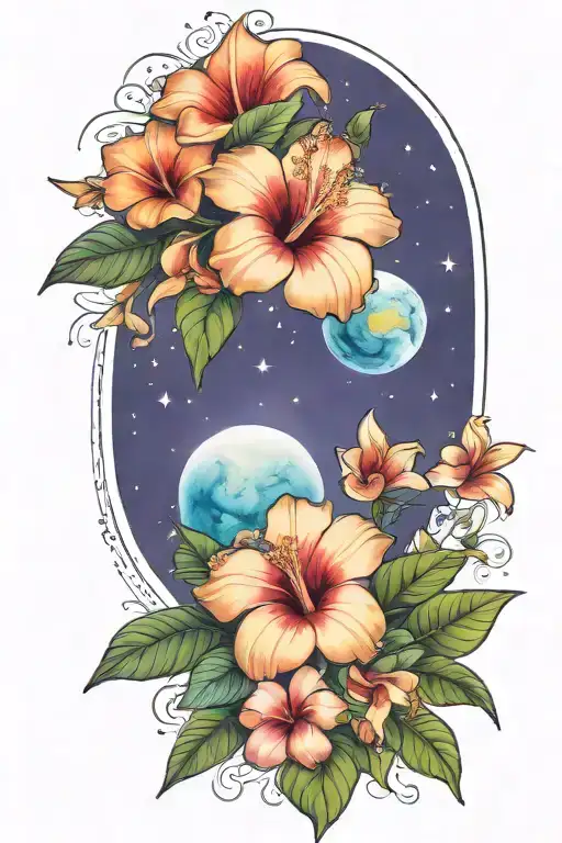 hibiscus and plumerias and planets stars and nebulas and ancient egypt tattoo design idea