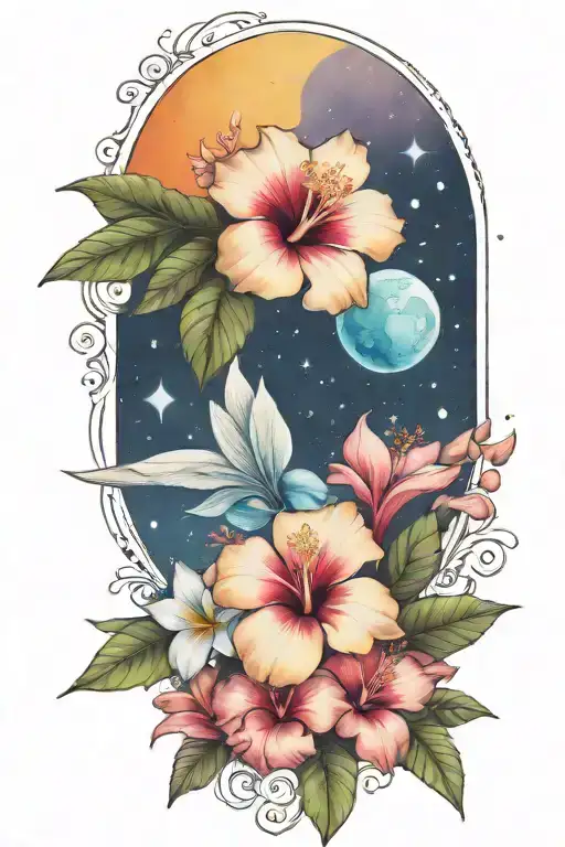 hibiscus and plumerias and planets stars and nebulas and ancient egypt tattoo design idea