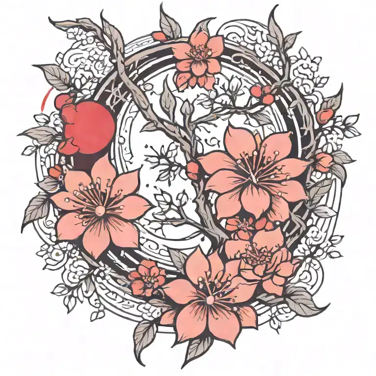 Greek cherry blossom branch red sun and moon tattoo design idea