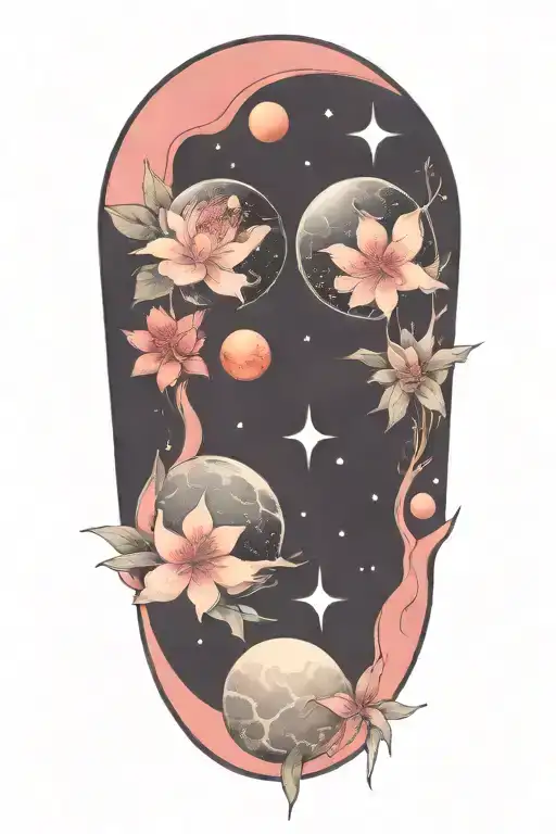 azaleas and planets stars and nebulas tattoo design idea