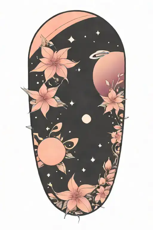 azaleas and planets stars and nebulas tattoo design idea