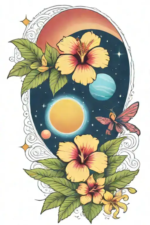 hibiscus and plumerias and planets stars and nebulas and ancient egypt tattoo design idea