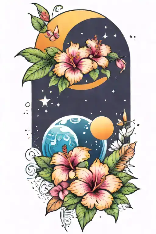 hibiscus and plumerias and planets stars and nebulas and ancient egypt tattoo design idea