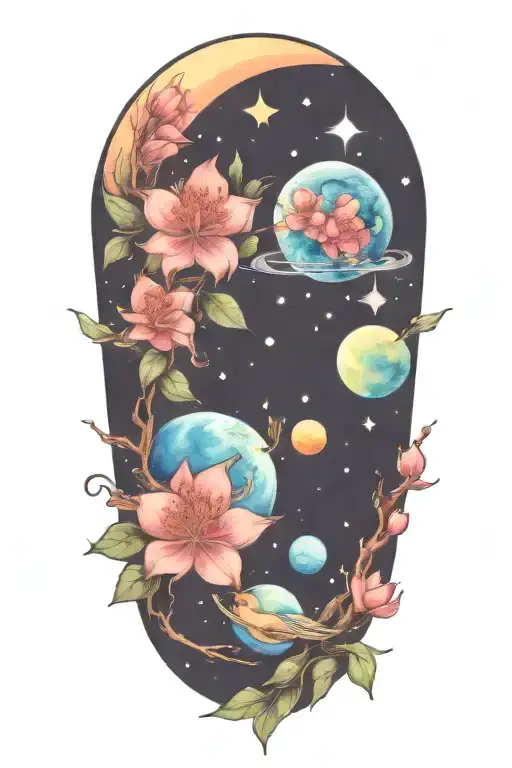 azaleas and planets stars and nebulas tattoo design idea