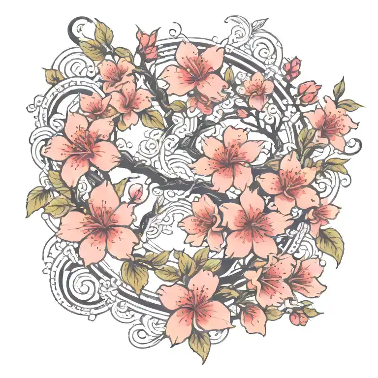 Greek cherry blossom branch red sun and moon tattoo design idea