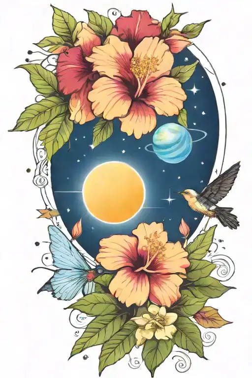 hibiscus and plumerias and planets stars and nebulas and ancient egypt tattoo design idea