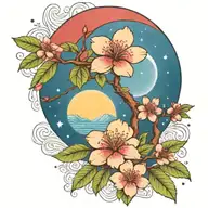 cherry blossom branch and tree of life sun and moon flowers red ancient Egypt  tattoo design idea