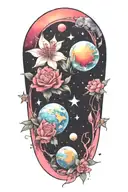 azaleas and planets stars and nebulas tattoo design idea