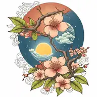 cherry blossom branch and tree of life sun and moon flowers red  tattoo design idea