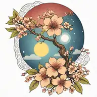 cherry blossom branch and tree of life sun and moon flowers red  tattoo design idea