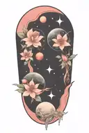 azaleas and planets stars and nebulas tattoo design idea