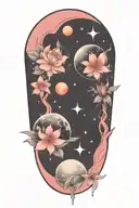 azaleas and planets stars and nebulas tattoo design idea