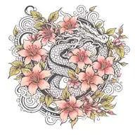 Greek dragon cherry blossom branch red sun and moon tattoo design idea