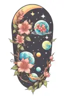 azaleas and planets stars and nebulas tattoo design idea
