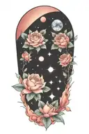 azaleas and planets stars and nebulas tattoo design idea