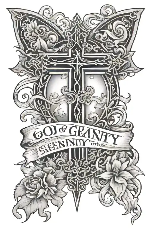 Christian Cross with words underneath that say "God Grant Me The Serenity" tattoo design idea