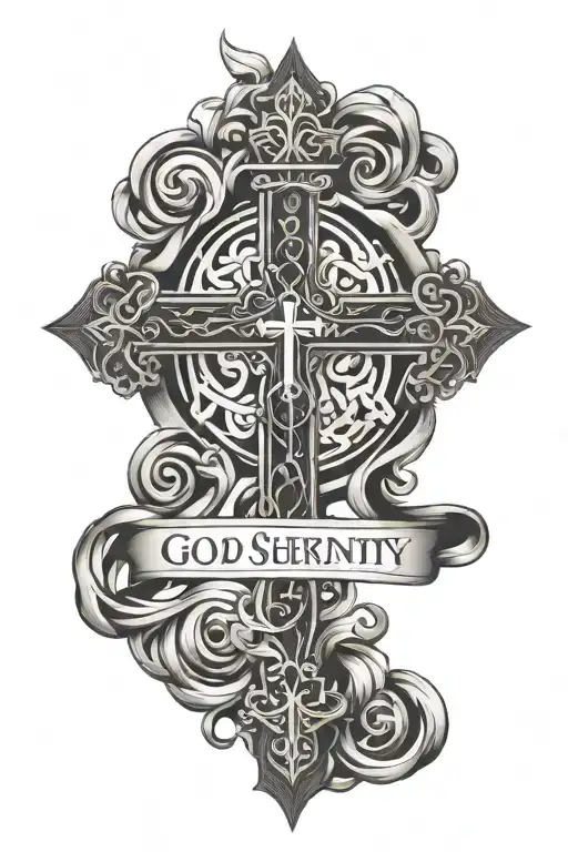 Christian Cross with words underneath that say "God Grant Me The Serenity" tattoo design idea