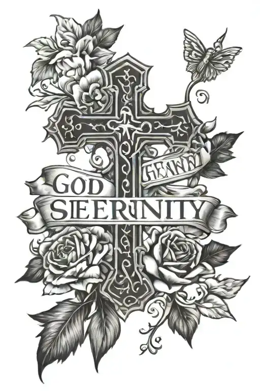 Christian Cross with words underneath that say "God Grant Me The Serenity" tattoo design idea