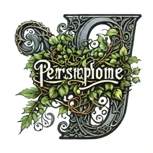 made out of vines, the name"Persephone" written in cursive a cobblestone wall is behind the name and on top foliage tattoo design idea